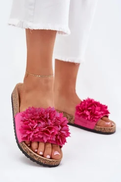 Boto Klapki Damskie Na Korkowej Podeszwie Z Kwiatkami Fuksja Ferenza Różowy