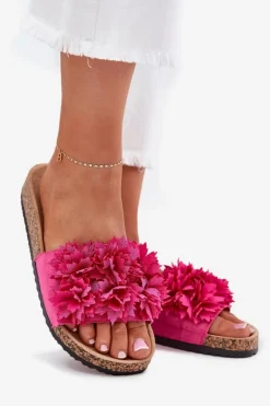 Boto Klapki Damskie Na Korkowej Podeszwie Z Kwiatkami Fuksja Ferenza Różowy