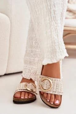 Discount Boto Klapki Damskie Na Korkowej Platformie Ze Złotą Klamrą Beżowe Nilaviena