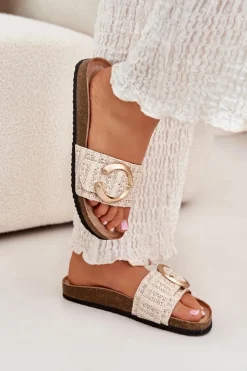 Discount Boto Klapki Damskie Na Korkowej Platformie Ze Złotą Klamrą Beżowe Nilaviena