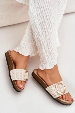 Discount Boto Klapki Damskie Na Korkowej Platformie Ze Złotą Klamrą Beżowe Nilaviena