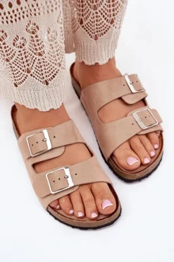 Online Boto Klapki Damskie Na Korkowej Platformie Klamry Beżowe Evisolla