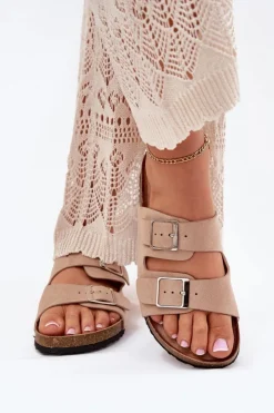 Online Boto Klapki Damskie Na Korkowej Platformie Klamry Beżowe Evisolla