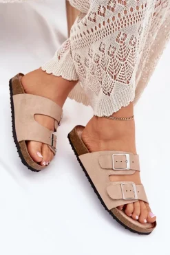 Online Boto Klapki Damskie Na Korkowej Platformie Klamry Beżowe Evisolla