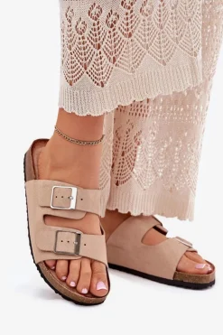 Online Boto Klapki Damskie Na Korkowej Platformie Klamry Beżowe Evisolla