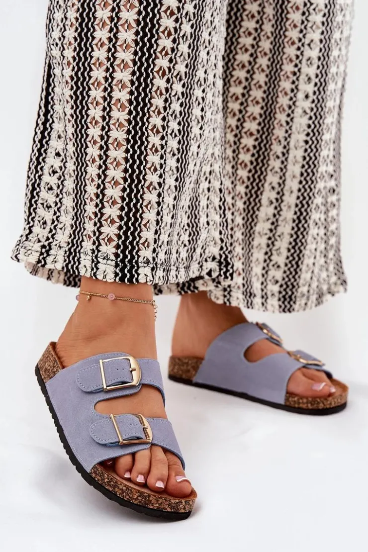 Boto Klapki Korkowe|Klapki Damskie Klasyczne*Klapki Damskie Na Korkowej Platformie Ze Złotymi Klamrami e Lisavionea Niebieski