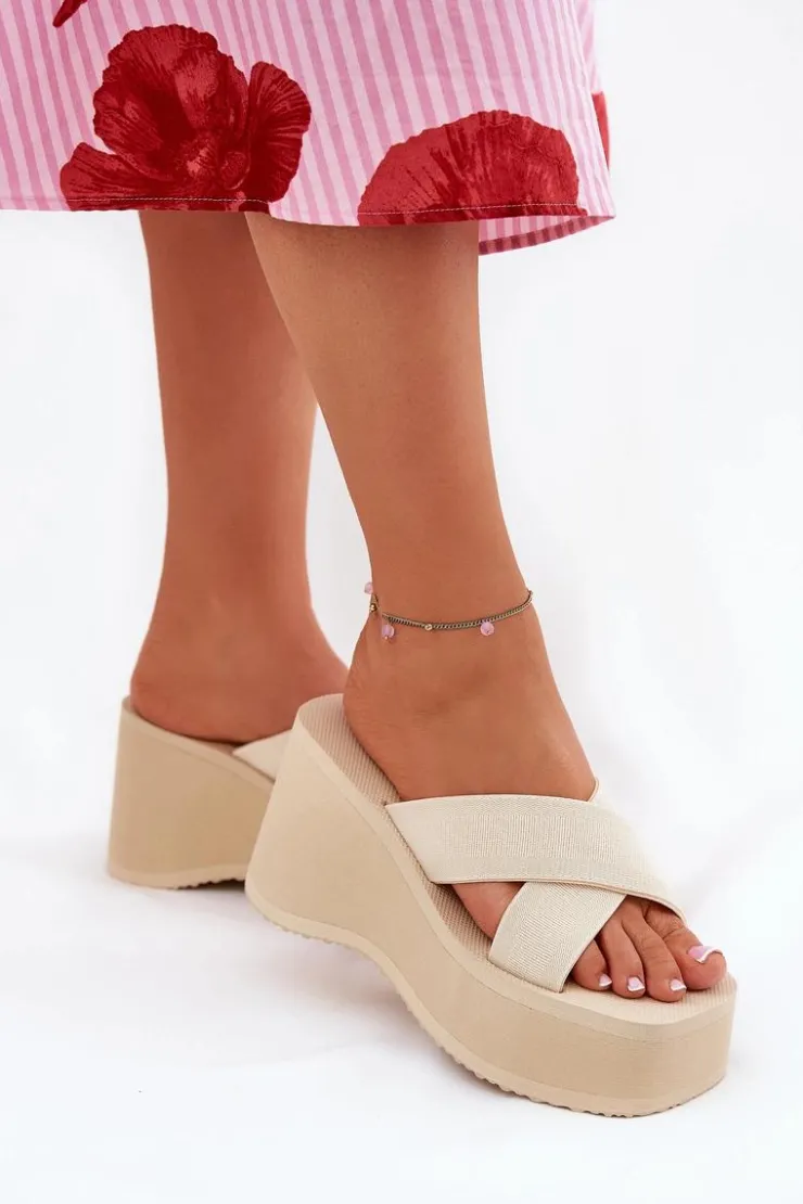 Outlet Boto Klapki Damskie Na Koturnie I Platformie Beżowe Sevolee Beżowy