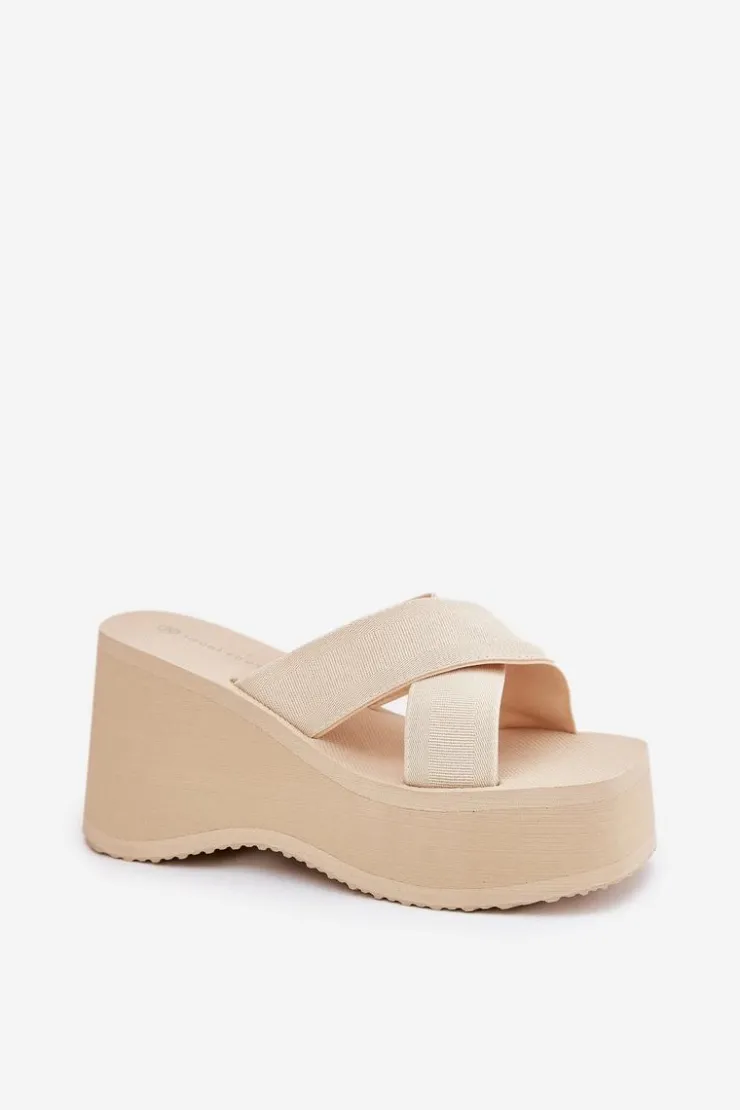 Outlet Boto Klapki Damskie Na Koturnie I Platformie Beżowe Sevolee Beżowy