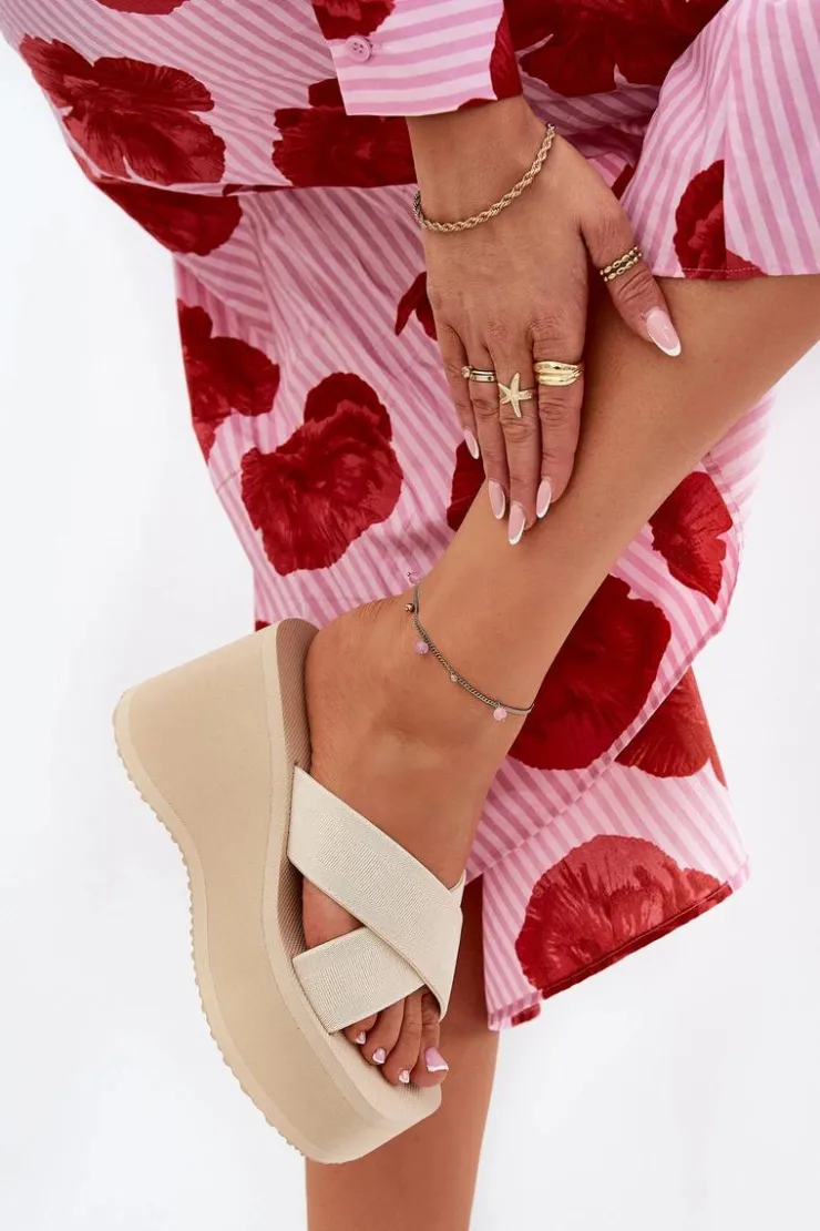 Outlet Boto Klapki Damskie Na Koturnie I Platformie Beżowe Sevolee Beżowy