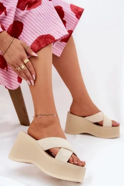 Outlet Boto Klapki Damskie Na Koturnie I Platformie Beżowe Sevolee Beżowy