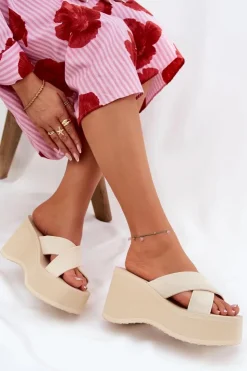 Outlet Boto Klapki Damskie Na Koturnie I Platformie Beżowe Sevolee Beżowy