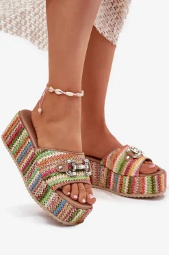 Boto Klapki Na Koturnie|Klapki Na Platformie*Klapki Damskie Na Koturnie Z Plecionką I Ozdobą Multikolor Isolene Wielokolorowy