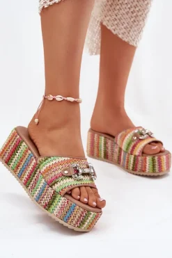 Boto Klapki Na Koturnie|Klapki Na Platformie*Klapki Damskie Na Koturnie Z Plecionką I Ozdobą Multikolor Isolene Wielokolorowy