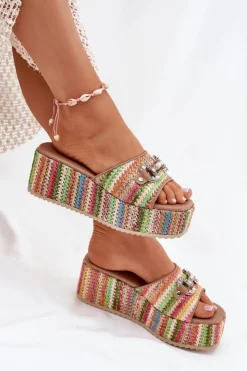 Boto Klapki Na Koturnie|Klapki Na Platformie*Klapki Damskie Na Koturnie Z Plecionką I Ozdobą Multikolor Isolene Wielokolorowy