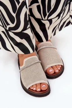 Online Boto Klapki Damskie Na Koturnie Z Ozdobnym Paseczkiem Beżowe Teriwes Beżowy