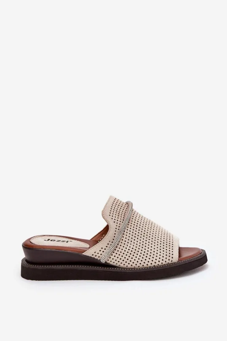 Online Boto Klapki Damskie Na Koturnie Z Ozdobnym Paseczkiem Beżowe Teriwes Beżowy