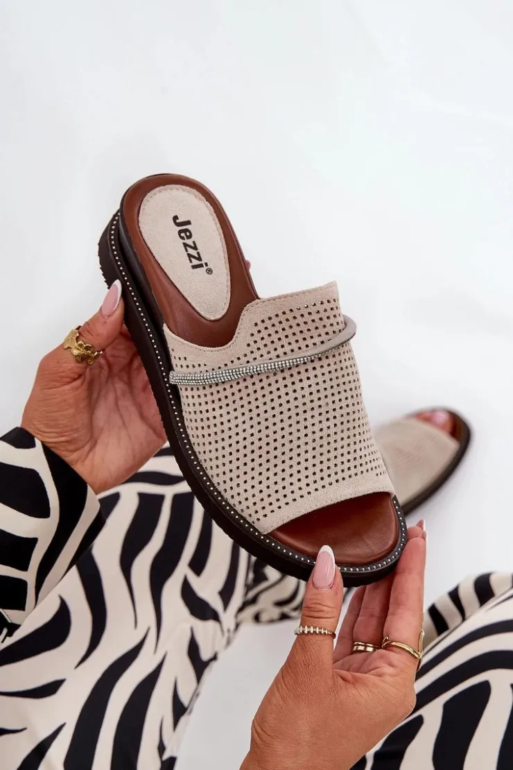 Online Boto Klapki Damskie Na Koturnie Z Ozdobnym Paseczkiem Beżowe Teriwes Beżowy