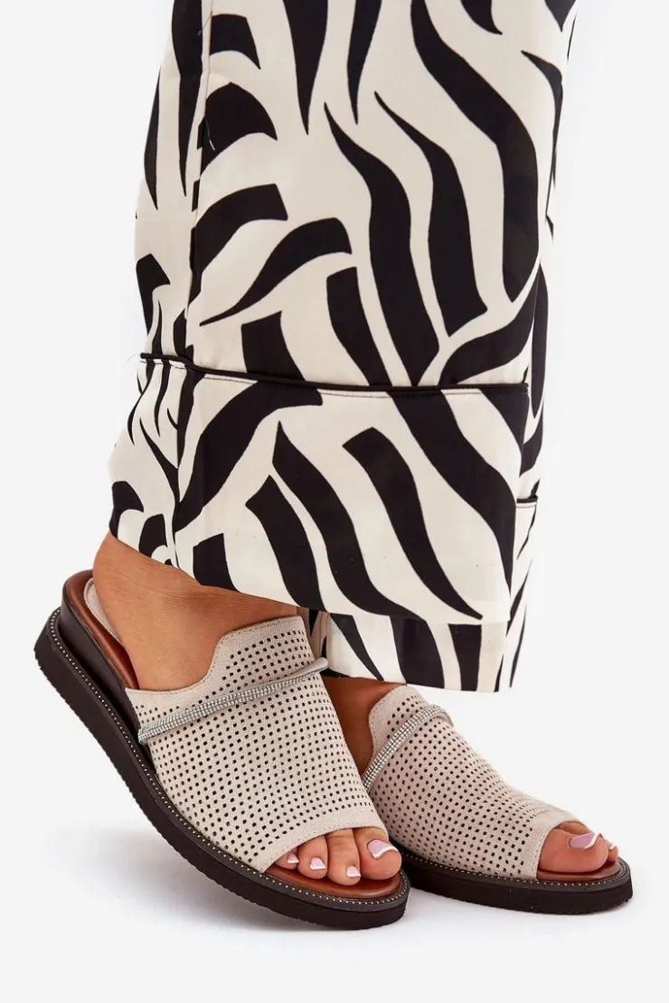 Online Boto Klapki Damskie Na Koturnie Z Ozdobnym Paseczkiem Beżowe Teriwes Beżowy