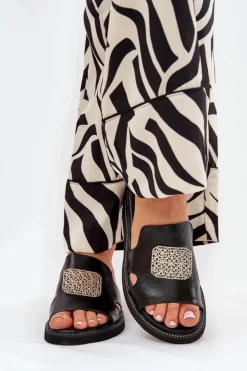 Damskie Boto Klapki Damskie Na Koturnie Eko Skórzane Z Ozdobą Czarne Sarela