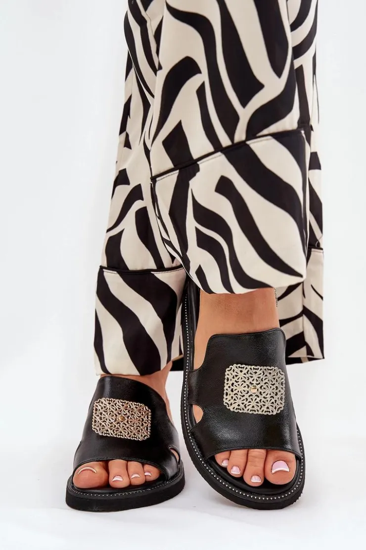 Damskie Boto Klapki Damskie Na Koturnie Eko Skórzane Z Ozdobą Czarne Sarela