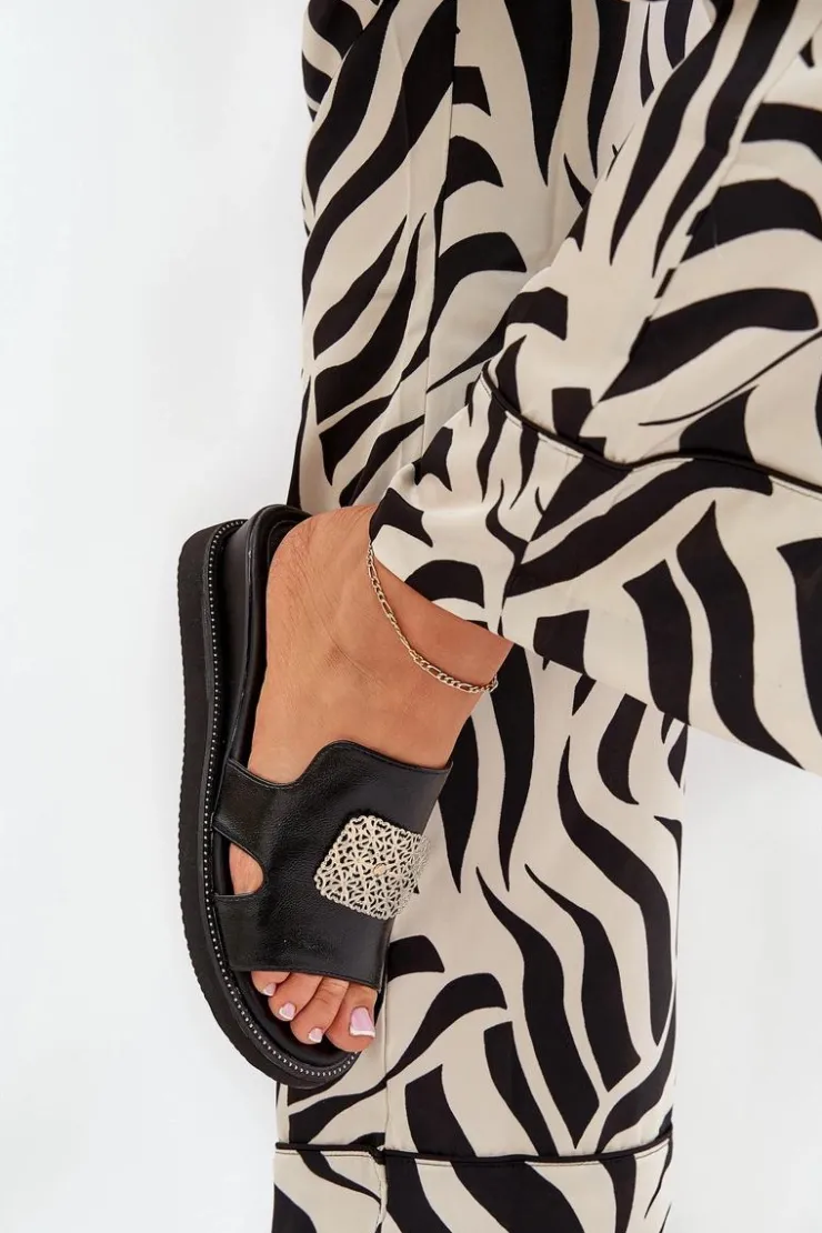 Damskie Boto Klapki Damskie Na Koturnie Eko Skórzane Z Ozdobą Czarne Sarela