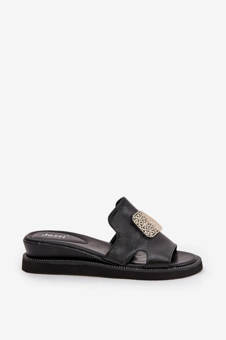 Damskie Boto Klapki Damskie Na Koturnie Eko Skórzane Z Ozdobą Czarne Sarela