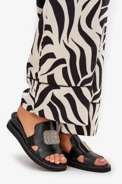 Damskie Boto Klapki Damskie Na Koturnie Eko Skórzane Z Ozdobą Czarne Sarela