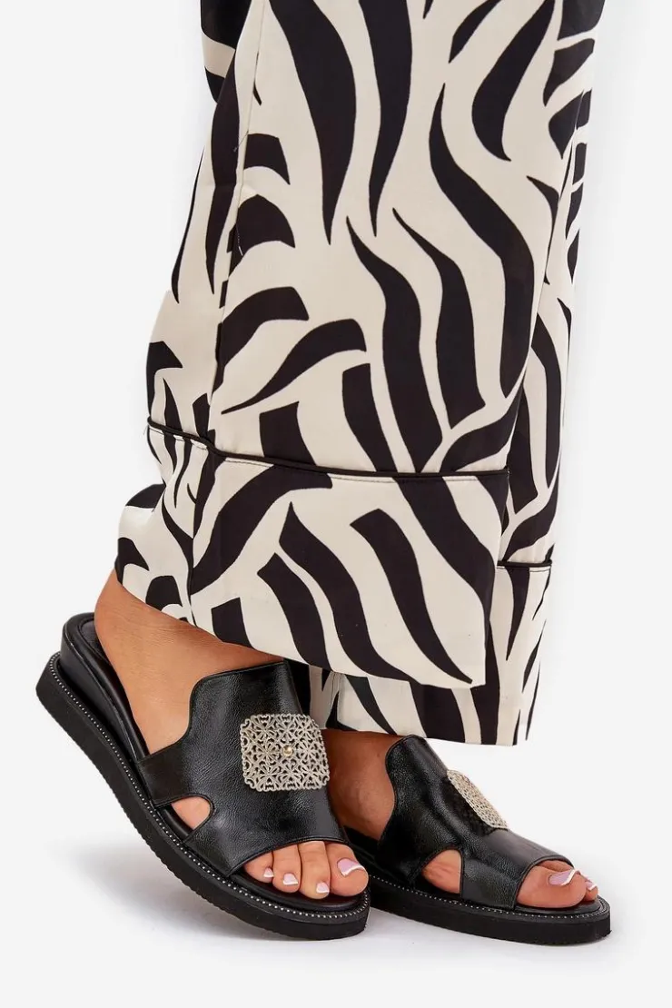 Damskie Boto Klapki Damskie Na Koturnie Eko Skórzane Z Ozdobą Czarne Sarela