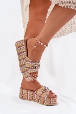 Sale Boto Klapki Damskie Na Koturnie Z Plecionką I Ozdobą Multikolor Isolene Wielokolorowy