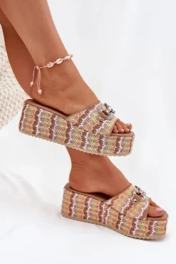 Sale Boto Klapki Damskie Na Koturnie Z Plecionką I Ozdobą Multikolor Isolene Wielokolorowy