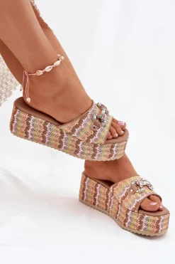 Sale Boto Klapki Damskie Na Koturnie Z Plecionką I Ozdobą Multikolor Isolene Wielokolorowy