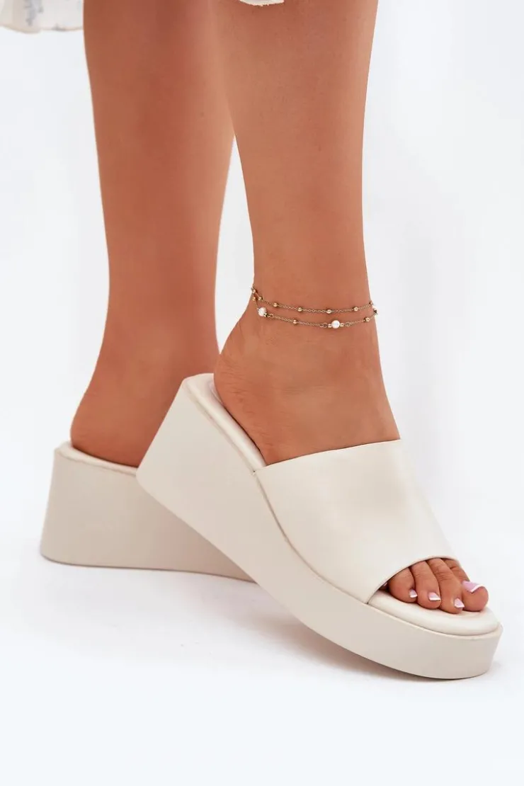 New Boto Klapki Damskie Na Koturnie Eko Skórzane Jasnobeżowe Obenae Beżowy