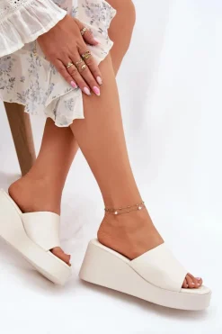 New Boto Klapki Damskie Na Koturnie Eko Skórzane Jasnobeżowe Obenae Beżowy