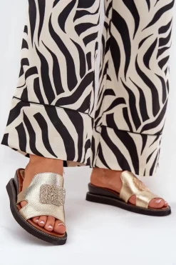 Boto Klapki Na Koturnie|Klapki Na Platformie*Klapki Damskie Na Koturnie Eko Skórzane Z Ozdobą Złote Sarela Złoty