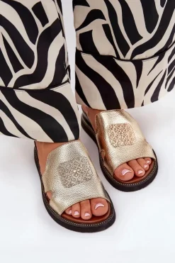 Boto Klapki Na Koturnie|Klapki Na Platformie*Klapki Damskie Na Koturnie Eko Skórzane Z Ozdobą Złote Sarela Złoty