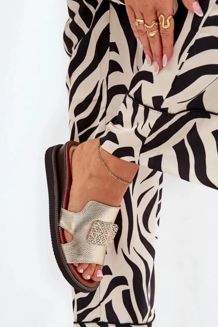 Boto Klapki Na Koturnie|Klapki Na Platformie*Klapki Damskie Na Koturnie Eko Skórzane Z Ozdobą Złote Sarela Złoty