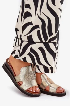 Boto Klapki Na Koturnie|Klapki Na Platformie*Klapki Damskie Na Koturnie Eko Skórzane Z Ozdobą Złote Sarela Złoty