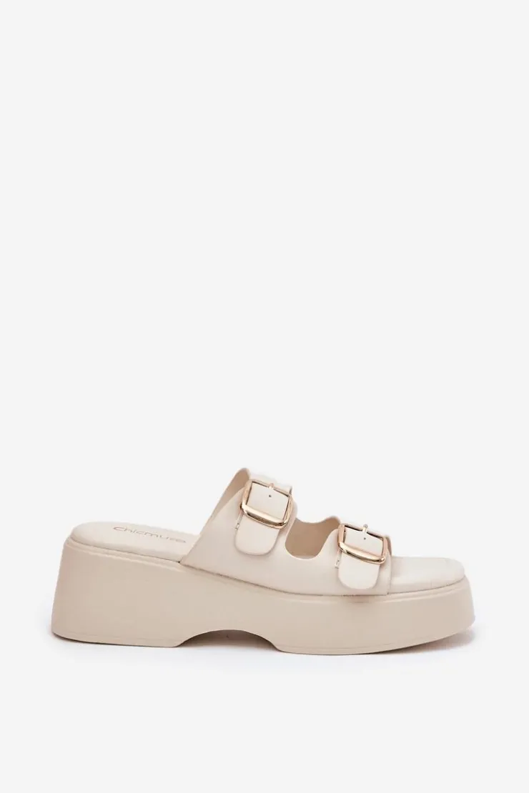 Damskie Boto Klapki Damskie Na Koturnie I Platformie Z Klamrami Jasnobeżowe Nitarelia