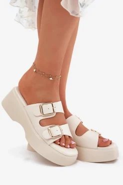 Damskie Boto Klapki Damskie Na Koturnie I Platformie Z Klamrami Jasnobeżowe Nitarelia