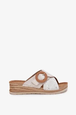 INBLU Klapki Na Koturnie|Klapki Na Obcasie*Klapki Damskie Na Koturnie Z Ozdobną Klamrą RV000012 Jasnobeżowe Beżowy