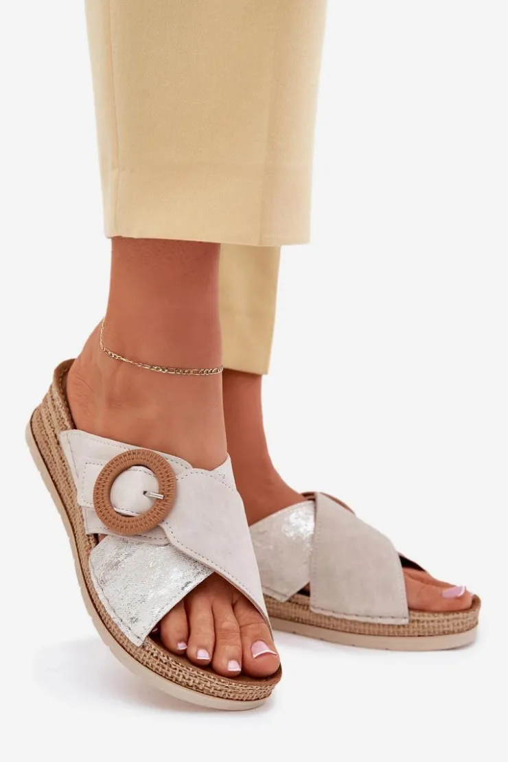 INBLU Klapki Na Koturnie|Klapki Na Obcasie*Klapki Damskie Na Koturnie Z Ozdobną Klamrą RV000012 Jasnobeżowe Beżowy