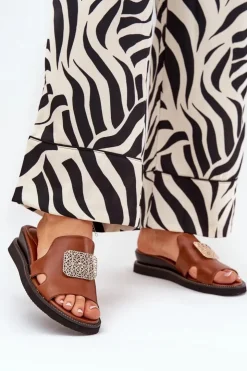 Outlet Boto Klapki Damskie Na Koturnie Eko Skórzane Z Ozdobą Brązowe Sarela Brązowy