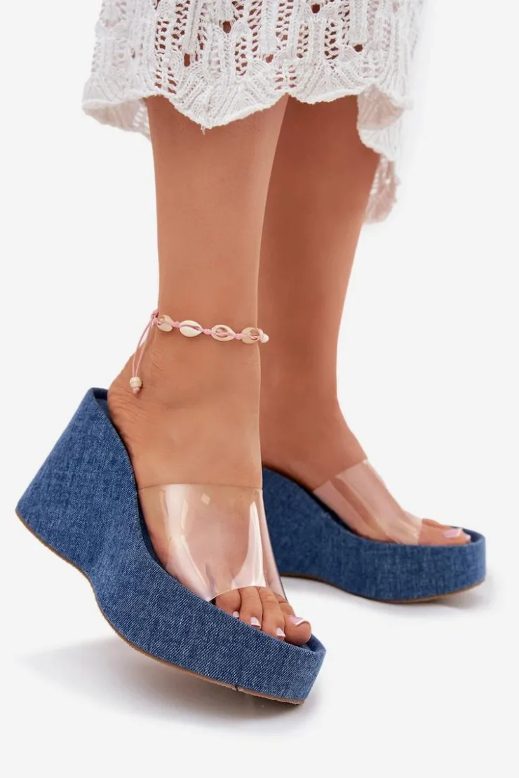 Boto Klapki Na Koturnie|Klapki Na Platformie*Klapki Damskie Na Koturnie Z Transparentnym Paskiem Jeansowe Zolretia Niebieski