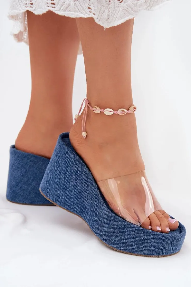 Boto Klapki Na Koturnie|Klapki Na Platformie*Klapki Damskie Na Koturnie Z Transparentnym Paskiem Jeansowe Zolretia Niebieski