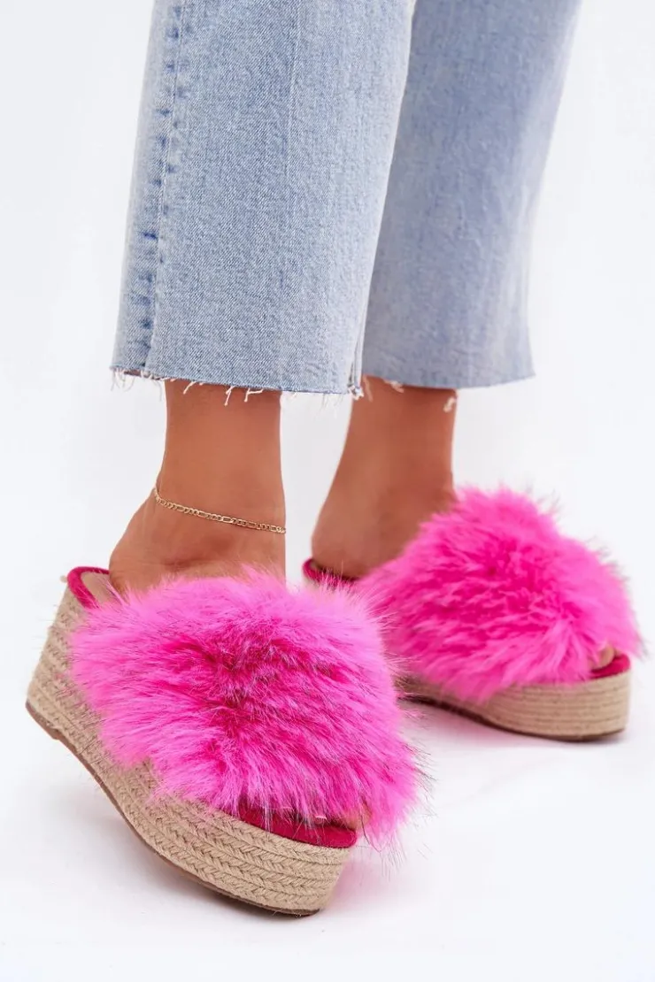 Damskie Boto Klapki Damskie Na Koturnie Z Futerkiem I Plecionką Fuksja Virela