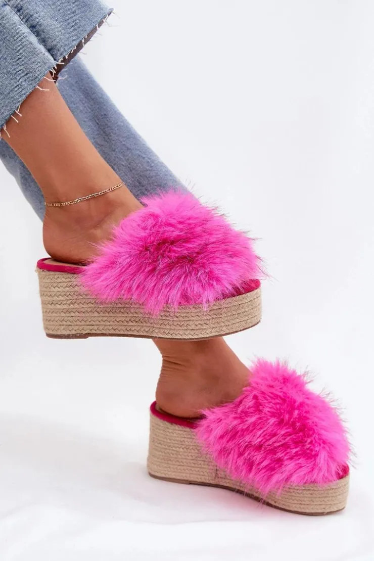 Damskie Boto Klapki Damskie Na Koturnie Z Futerkiem I Plecionką Fuksja Virela