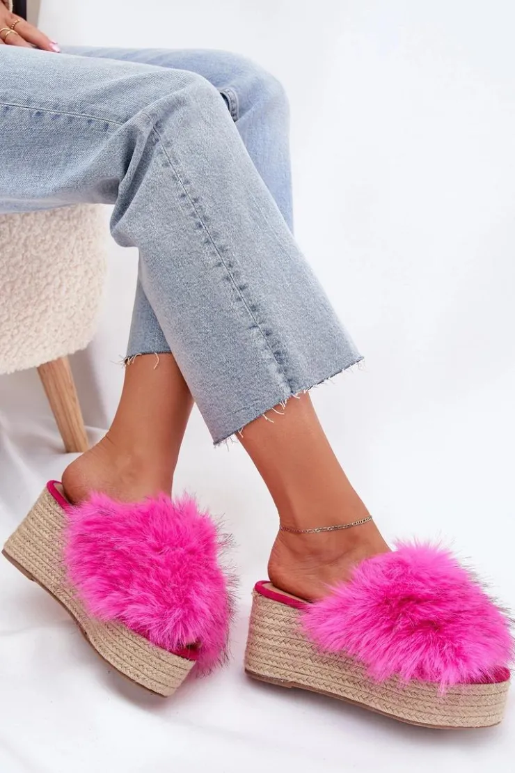 Damskie Boto Klapki Damskie Na Koturnie Z Futerkiem I Plecionką Fuksja Virela
