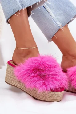Damskie Boto Klapki Damskie Na Koturnie Z Futerkiem I Plecionką Fuksja Virela