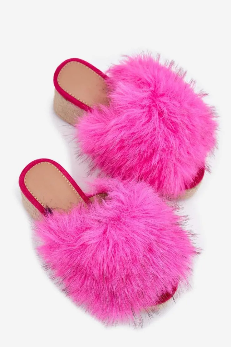Damskie Boto Klapki Damskie Na Koturnie Z Futerkiem I Plecionką Fuksja Virela