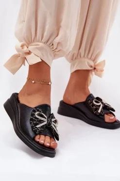 Damskie Boto Klapki Damskie Na Koturnie Z Kokardą Czarne Moonzella